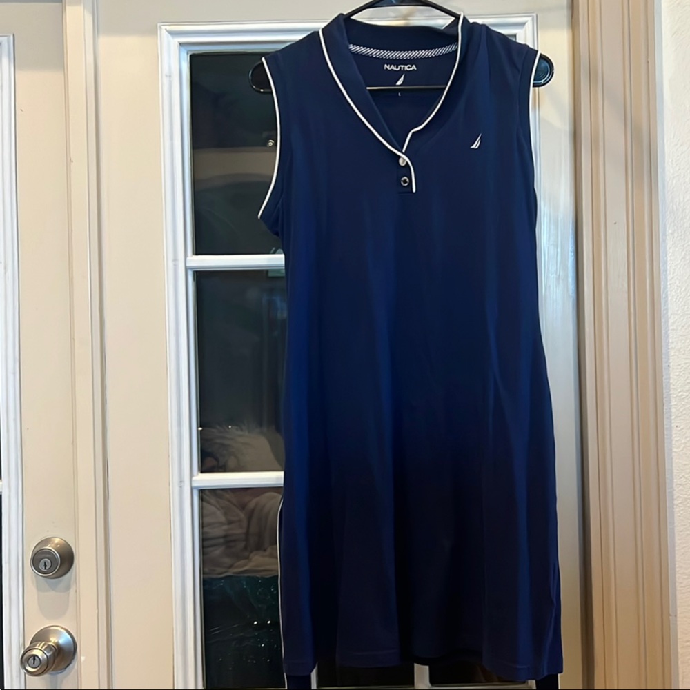 Nautica Blue Sheath Midi Dress Mock Neck Sleeveless